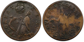 Undated (ca. 1652-1674) St. Patrick Farthing. Martin 1c.17-Ca.8 W-11500. Rarity-7. Copper. Nothing Below King. VF-30 (PCGS).
88.2 grains. A sharp pie...