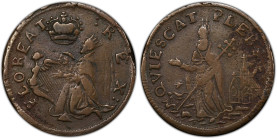 Undated (ca. 1652-1674) St. Patrick Farthing. Martin 1c.21-Ba.21, W-11500. Rarity-7-. Copper. Nothing Below King. VF Details--Scratch (PCGS).
99.8 gr...