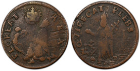 Undated (ca. 1652-1674) St. Patrick Farthing. Martin 1c.22-Ba.9, W-11500. Rarity-7-. Copper. Nothing Below King. VF-20 (PCGS).
85.0 grains. A pleasin...