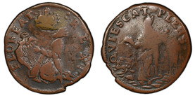 Undated (ca. 1652-1674) St. Patrick Farthing. Martin 1c.24-Ca.12, W-11500. Rarity-7+. Copper. Nothing Below King. Fine-15 (PCGS).
81.2 grains. Charmi...