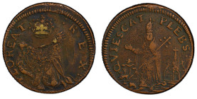 Undated (ca. 1652-1674) St. Patrick Farthing. Martin 1c.27-Da.8, W-11500. Rarity-6+. Copper. Nothing Below King. VF-35 (PCGS).
High technical grade w...