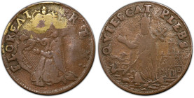 Undated (ca. 1652-1674) St. Patrick Farthing. Martin 1c.29-Ba.25, W-11500. Rarity-7. Copper. Nothing Below King. Fine-15 (PCGS).
90.4 grains. A great...
