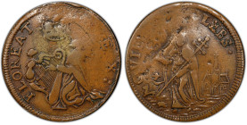 Undated (ca. 1652-1674) St. Patrick Farthing. Martin 1c.30-Ca.19, W-11500. Rarity-7+. Copper. Nothing Below King. VF Details--Damage (PCGS).
86.8 gra...