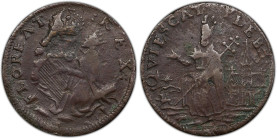 Undated (ca. 1652-1674) St. Patrick Farthing. Martin 2a.1-Ea.3, W-11500. Rarity-7+. Copper. Sea Beasts Below King. VF Details--Environmental Damage (P...