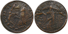Undated (ca. 1652-1674) St. Patrick Farthing. Martin 2a.1-NR.1. Rarity-8. Copper. Sea Beasts Below King. VF-30 (PCGS).
67.4 grains. One of the more s...