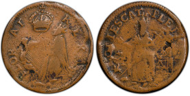Undated (ca. 1652-1674) St. Patrick Farthing. Martin 2d.1-Fd.3, W-11500. Rarity-7. Copper. Sea Beasts Below King. Fine Details--Damage (PCGS).
102.6 ...