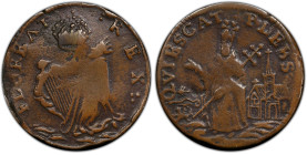Undated (ca. 1652-1674) St. Patrick Farthing. Martin 3d.5-Fc.12, W-11500. Rarity-8. Copper. Sea Beasts Below King, Masonic Punctuation. Fine-15 (PCGS)...