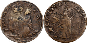Undated (ca. 1652-1674) St. Patrick Farthing. Martin 4a.1-Gb.1, W-11500. Rarity-6+. Copper. Sea Beasts Below King, Stars in Legend. VF-25 (PCGS).
81....