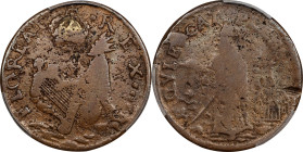 Undated (ca. 1652-1674) St. Patrick Farthing. Martin 4b.2-Aa.1, W-11500. Rarity-6+. Copper. Halo Around Saint's Head. VG-10 (PCGS).
89.7 grains. An i...