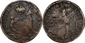 Undated (ca. 1652-1674) St. Patrick Farthing. Martin 4b.2-Gb.4, W-11500. Rarity-7. Copper. Sea Beasts Below King, Stars in Legend. VF-30 (PCGS).
91.4...