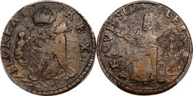 Undated (ca. 1652-1674) St. Patrick Farthing. Martin 4n.1-Gh.4, W-11500. Rarity-7+. Copper. Sea Beasts Below King, Stars in Legend. VF Details--Enviro...