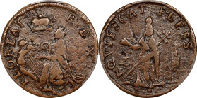 Undated (ca. 1652-1674) St. Patrick Farthing. Martin 6a.1-Ba.6, W-11500. Rarity-6-. Copper. Annulet, Small 8, and Martlet Below King. VF-30 (PCGS).
8...