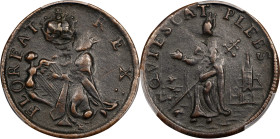 Undated (ca. 1652-1674) St. Patrick Farthing. Martin 8a.3-Da.5, W-11500. Rarity-5. Copper. Martlet Alone Below King. VF-30 (PCGS).
78.8 grains. A bol...