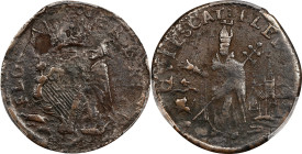 Undated (ca. 1652-1674) St. Patrick Farthing. Martin 9a.2-Fc.8, W-11500. Rarity-8. Copper. Two Annulets Below King. VF Details--Environmental Damage (...