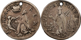 Undated (ca. 1652-1674) St. Patrick Farthing. Martin 1c.5-Ba.4, W-11520. Rarity-7+. Silver. Nothing Below King. VF Details--Holed (PCGS).
89.1 grains...