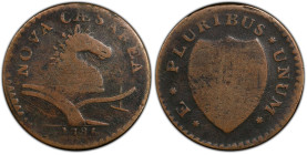 1786 New Jersey Copper. Maris 12-G, W-4790. Rarity-4. No Coulter, Shaggy Mane. VG-10 (PCGS).
137.0 grains. Struck medal turn. Pleasing two-tone color...