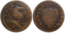 1786 New Jersey Copper. Maris 24-P, W-4965. Rarity-2. Narrow Shield, Curved Plow Beam. VG-10 (PCGS).
157.8 grains. Tan devices with darker brown toni...