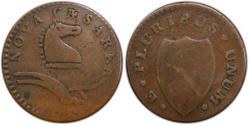 1786 New Jersey Copper. Maris 24-P, W-4965. Rarity-2. Narrow Shield, Curved Plow Beam. VG-10 (PCGS).
144.7 grains. Pleasing surface quality and color...
