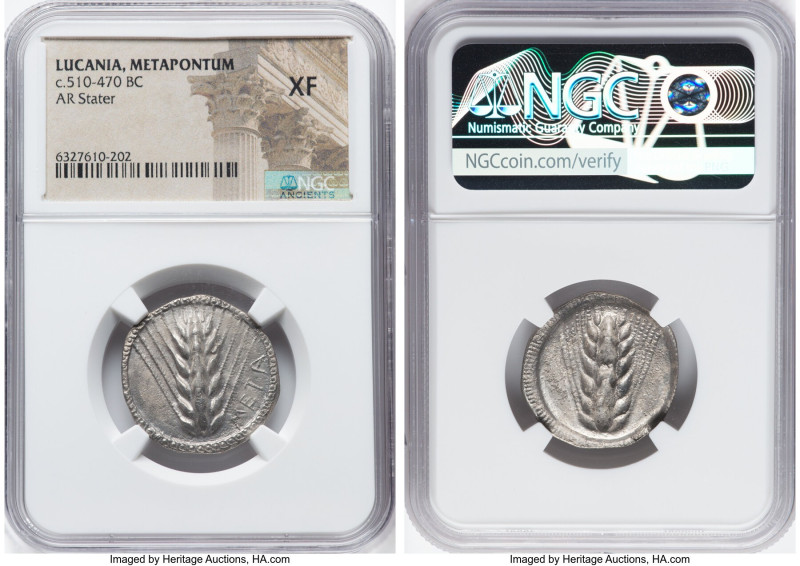 LUCANIA. Metapontum. Ca. 510-470 BC. AR stater (24mm, 12h). NGC XF. META, barley...