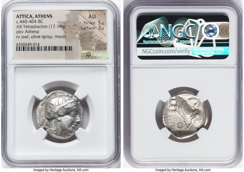 ATTICA. Athens. Ca. 440-404 BC. AR tetradrachm (25mm, 17.14 gm, 3h). NGC AU 5/5 ...