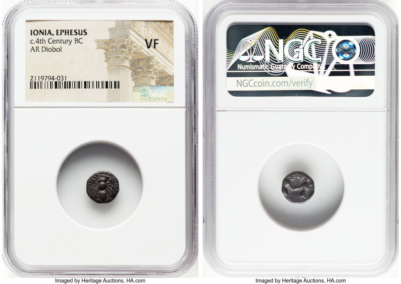 IONIA. Ephesus. Ca. 4th Century BC. AR diobol (10mm). NGC VF. E-Φ, bee with stra...
