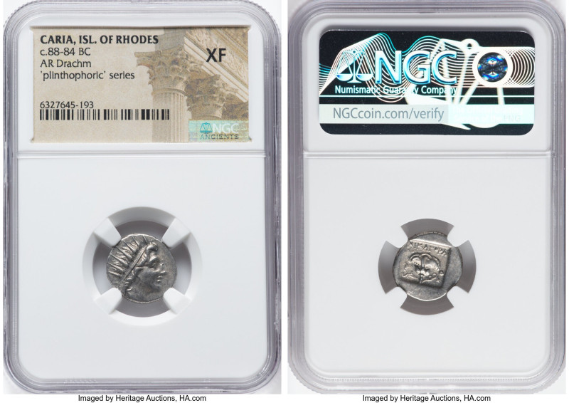 CARIAN ISLANDS. Rhodes. Ca. 88-84 BC. AR drachm (15mm, 1h). NGC XF. Plinthophori...