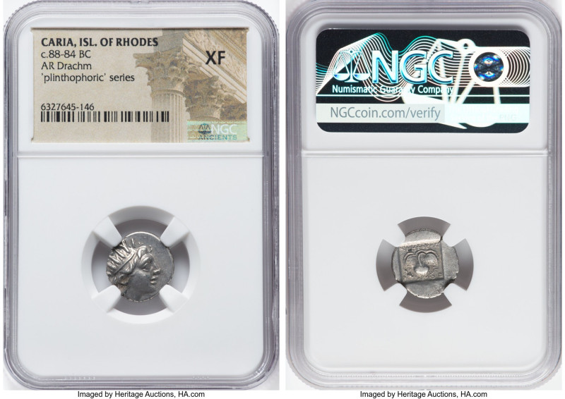 CARIAN ISLANDS. Rhodes. Ca. 88-84 BC. AR drachm (15mm, 11h). NGC XF. Plinthophor...