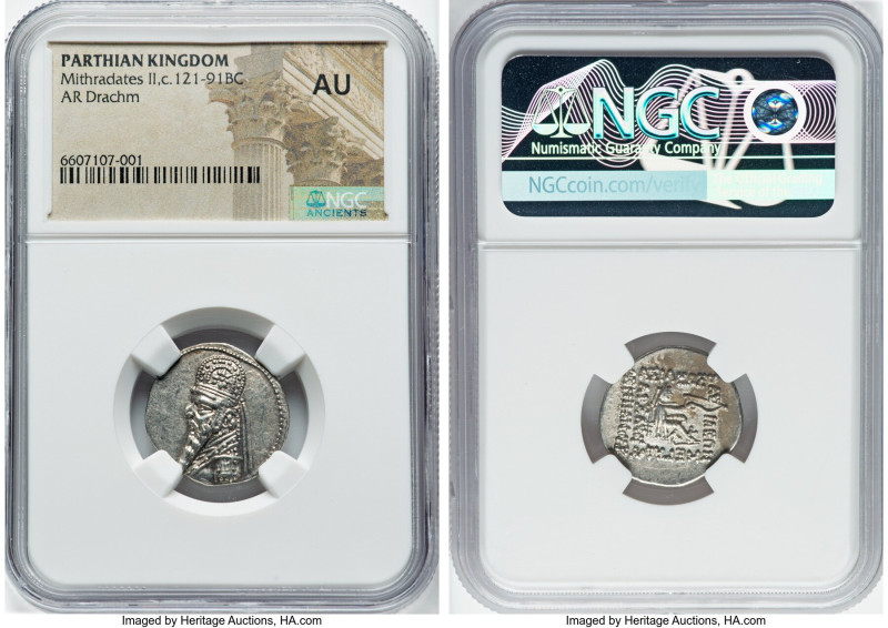 PARTHIAN KINGDOM. Mithradates II (ca. 121-91 BC). AR drachm (20mm, 1h). NGC AU. ...