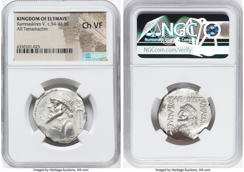 ELYMAIS KINGDOM. Kamnaskires V (ca. 54-32 BC). AR tetradrachm (27mm, 12h). NGC C...