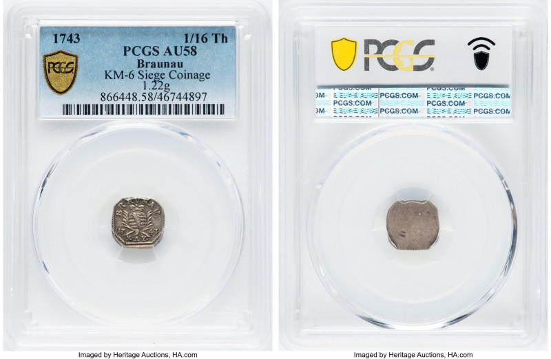 Braunau. City Uniface Siege 1/16 Taler (6 Kreuzer) 1743 AU58 PCGS, Braunau am In...