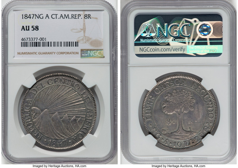 Central American Republic 8 Reales 1847 NG-A AU58 NGC, Nueva Guatemala mint, KM4...