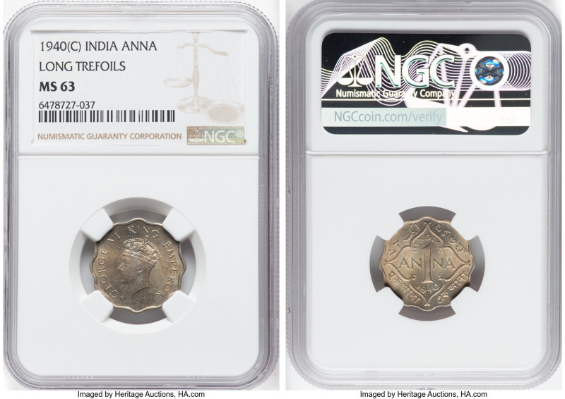 British India. George VI Anna 1940-(c) MS63 NGC, Calcutta mint, KM536. Long tref...