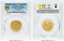 Karim Khan (AH 1166-1193 / AD 1753-1779) gold 1/4 Mohur AH 1190 (1776/1777) UNC Details (Scratch) PCGS, 2.73gm. From the Tony Nozar Collection HID0980...