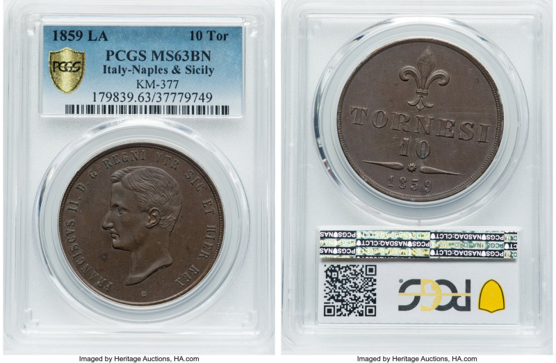 Naples & Sicily. Francis II 10 Tornesi 1859-LA MS63 Brown PCGS, Naples mint, KM3...