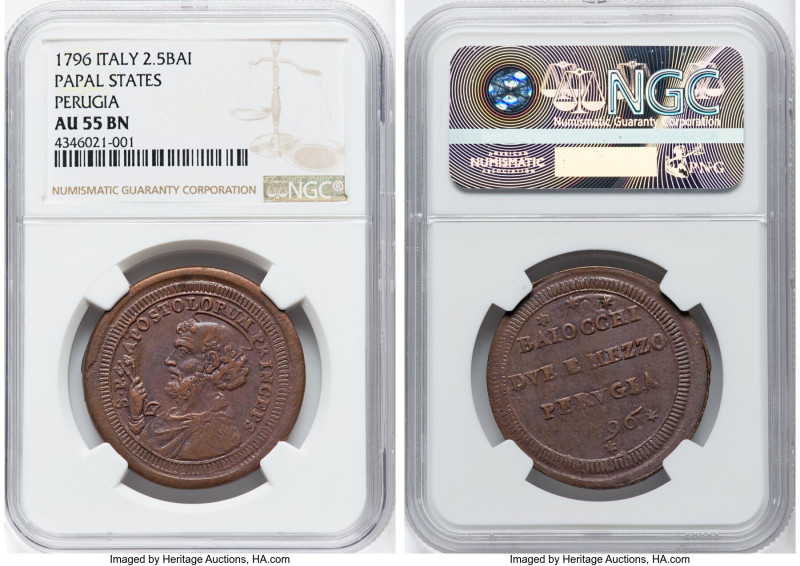 Papal States-Perugia. City 2-1/2 Baiocchi 1796 AU55 Brown NGC, Perugia mint, KM3...