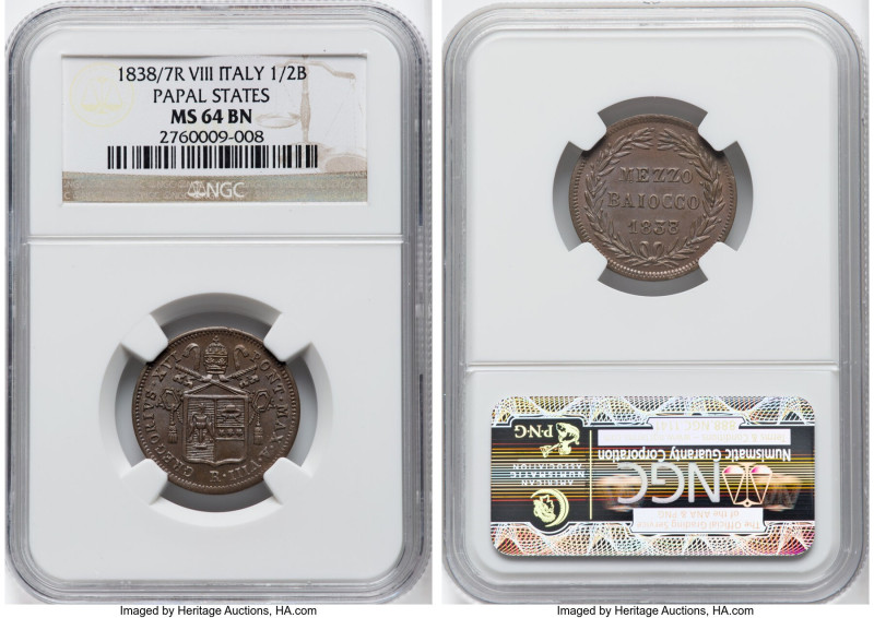 Papal States. Gregory XVI Mezzo (1/2) Baiocco Anno VIII (1838/7)-R MS64 Brown NG...