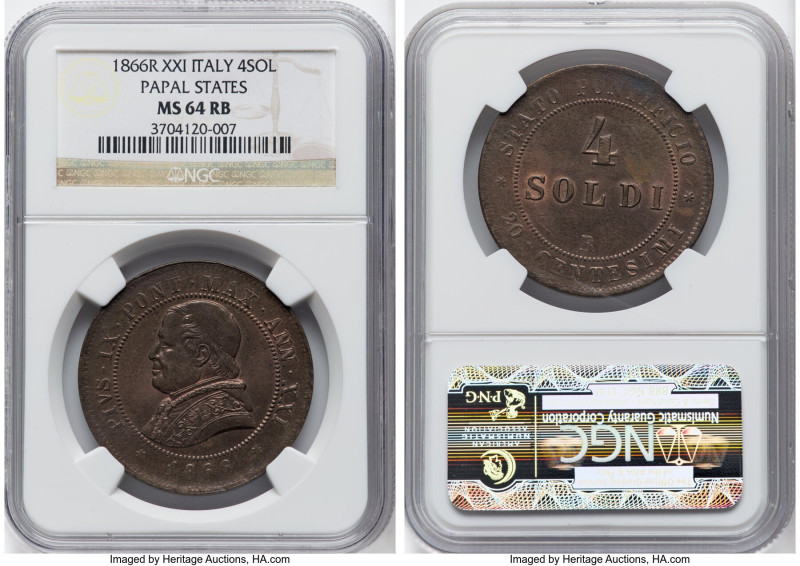 Papal States. Pius IX 4 Soldi Anno XXI (1866)-R MS64 Red and Brown NGC, Rome min...