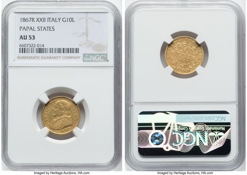 Papal States. Pius IX gold 10 Lire Anno XXII (1867)-R AU53 NGC, Rome mint, KM138...