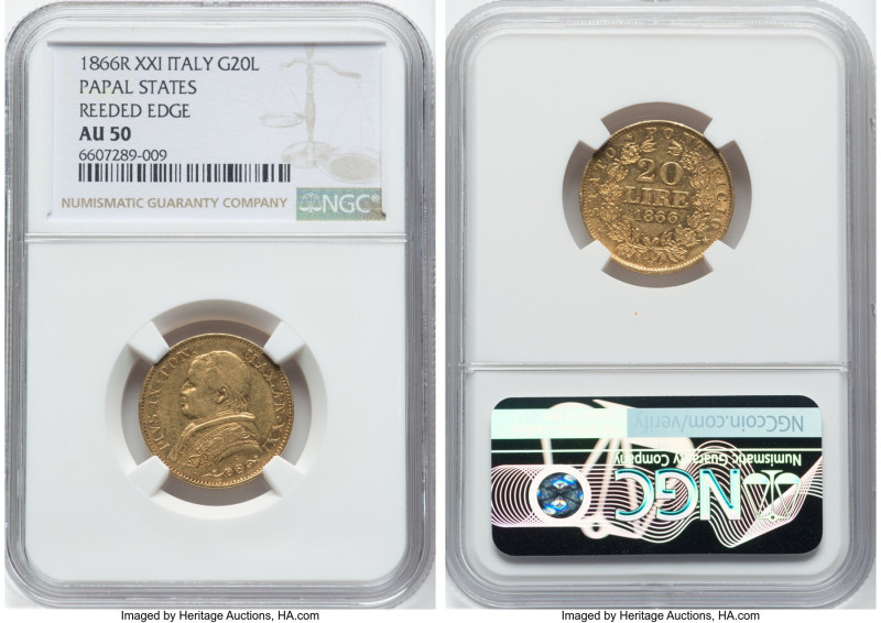 Papal States. Pius IX gold 20 Lire Anno XXI (1866)-R AU50 NGC, Rome mint, KM1382...