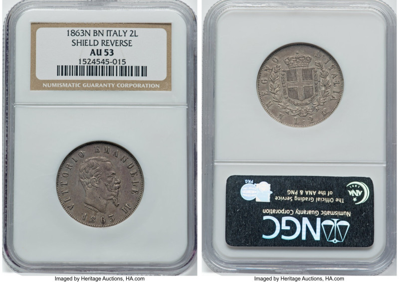 Vittorio Emanuele II Pair of Certified 2 Lire 1863 NGC, 1) 2 Lire 1863 N-BN - AU...