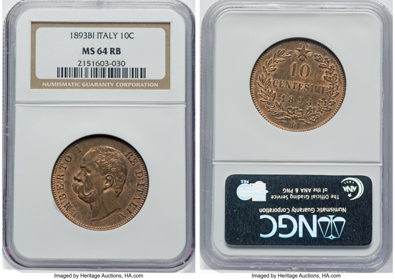 Umberto I Pair of Certified 10 Centesimi 1893-BI MS64 Red and Brown NGC, Birming...