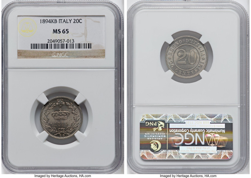 Umberto I 20 Centesimi 1894-KB MS65 NGC, Berlin mint, KM28.1. From the Meduno Co...