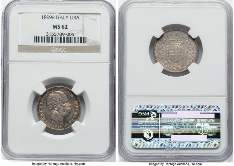 Umberto I Lira 1899-R MS62 NGC, Rome mint, KM24.1. From the Meduno Collection HI...