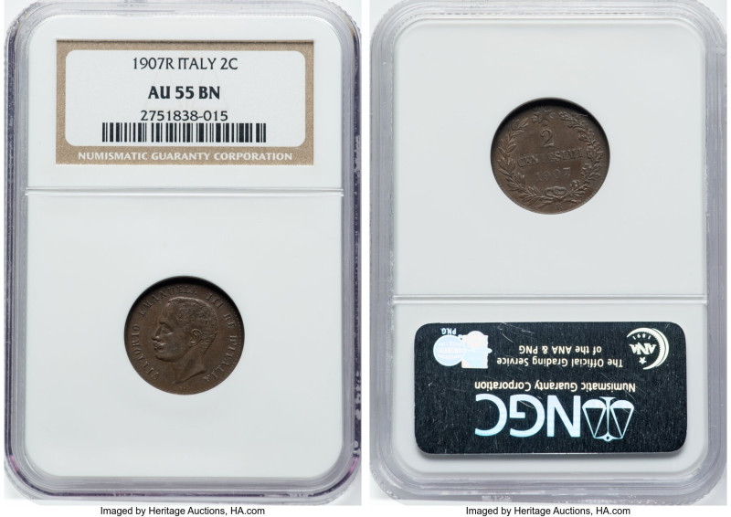 Vittorio Emanuele III 2 Centesimi 1907-R AU55 Brown NGC, Rome mint, KM38. Key da...