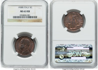 Vittorio Emanuele III 5 Centesimi 1908-R MS63 Red and Brown NGC, Rome mint, KM-42. A scarce date, especially in choice Mint State condition with parti...