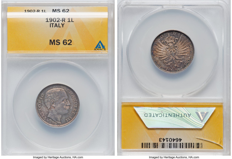 Vittorio Emanuele III Lira 1902-R MS62 ANACS, Rome mint, KM32. From the Meduno C...