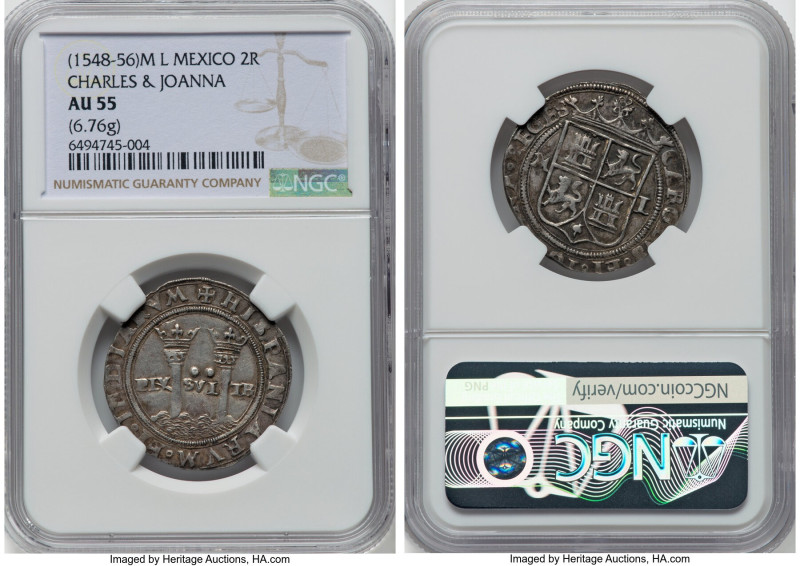 Charles & Johanna "Late Series" 2 Reales ND (1548-1556) M-L AU55 NGC, Mexico Cit...