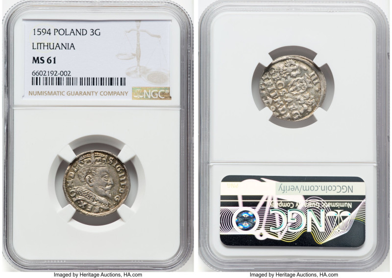 Lithuania. Sigismund III Vasa 3 Groszy 1594 MS61 NGC, Vilnius mint. HID098012420...