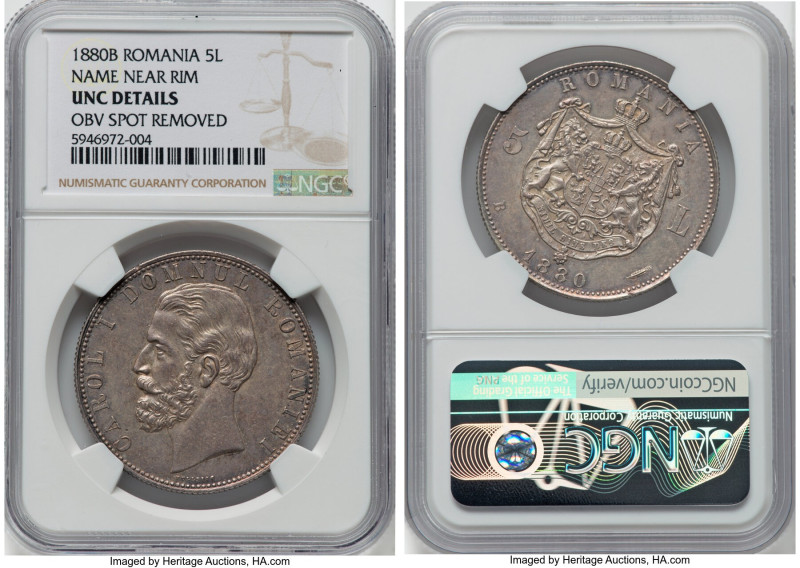 Carol I 5 Lei 1880-B UNC Details (Obverse Spot Removed) NGC, Bucharest mint, KM1...