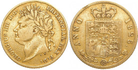 GROSSBRITANNIEN VEREINIGTES KÖNIGREICH
Georg IV., 1820-1830. 1/2 Sovereign 1825. Spink 3803; KM 689. 3.85 g. Feilspur am Rand, sehr schön
